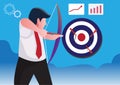 Businessman aiming target with bow and arrow