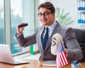 Businessman with American flag in office