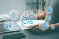 Businessman analyze processes and automate workflows with flowcharts,problem solving concepts, efficiency improvements, monitoring Royalty Free Stock Photo