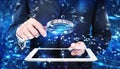 Businessman analyzes a computer system for virus and hacker attacks