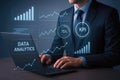 Businessman analyzing data with digital charts and KPI indicators on laptop screen analytics analysis Royalty Free Stock Photo