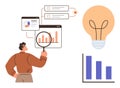 Businessman Analyzing Data with Magnifying Glass Next to Graph, Screens, and Lightbulb as Innovation Concept Royalty Free Stock Photo