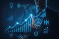 Businessman analyzing financial growth charts and data on a futuristic digital interface hand pointing Royalty Free Stock Photo
