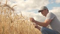 Businessman analyzing grain harvest. farmer working with tablet computer on wheat field. agricultural business Royalty Free Stock Photo