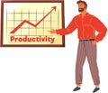 Businessman analyzing graph, analyst makes presentation rising productivity arrow. Chart and diagram