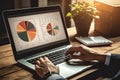 Businessman analyzing investment charts with laptop. Accounting and finance concept, Businessman hand using laptop and dartboard Royalty Free Stock Photo