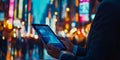 Businessman Analyzing Rising Graph On Tablet In City At Night, Financial Technology Concept Royalty Free Stock Photo