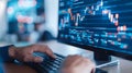 Businessman analyzing secure blockchain data on a computer for business applications.