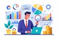 Businessman analyzing various charts and graphs while working on a laptop, showcasing data insights in a modern office environment Royalty Free Stock Photo