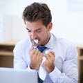 Businessman, anger and eating paper with stress, overwhelmed and burnout at workplace. Professional man, overworked and Royalty Free Stock Photo