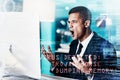 Businessman, angry and computer with virus, glitch or 404 error while working in a office with overlay or double Royalty Free Stock Photo