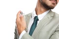 Businessman applying perfume on white background