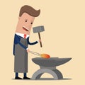 Businessman in apron forging money by hammering on the anvil, make money concept vector Illustration. Businessman making money.