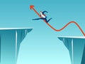 Businessman with arrow sign jump through the gap between hill. Running and jump over cliffs. Business risk and success concept Royalty Free Stock Photo