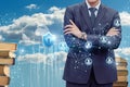 Businessman on the background of the protected cloud data . Royalty Free Stock Photo