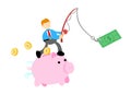 happy Businessman and pig bank money dollar bait economy finance cartoon doodle flat design vector illustration