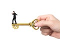 Businessman balance on treasure key in dollar sign shape