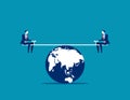 Businessman balanced on seesaw over globe. Concept business vector illustration.