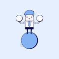 Businessman balancing on blue ball holding two spheres. Cartoon character thin line style vector. Royalty Free Stock Photo