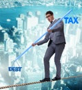 Businessman balancing between debt and tax