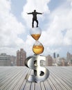 Businessman balancing on hourglass and dollar sign