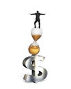 Businessman balancing on hourglass and dollar sign Royalty Free Stock Photo