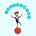 Businessman balancing on sphere and juggling investment finance. Financial and money management concept.