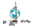 Businessman balancing stack money symbols on terrestrial globe