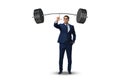 The businessman with barbell in heavy lifting concept