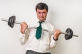 Businessman with barbell is lifting heavy weight