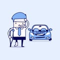Businessman Be Injured With Car Accident. Cartoon Character Thin Line Style Vector