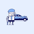 Businessman Be Injured With Car Accident. Cartoon Character Thin Line Style Vector.