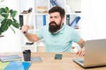 Businessman with beard and mustache gone mad with hammer in a hand. Angry aggressive businessman in office. Frustrated Royalty Free Stock Photo