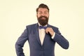 Businessman with beard wear bow tie. Art director exhibition curator. Modern business. Think Different. Event manager