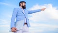 Businessman bearded face sky background. Changing course. Looking for opportunities and new chances. Developing business Royalty Free Stock Photo