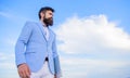 Businessman bearded face sky background. New business direction. Changing course. Looking for opportunities and new Royalty Free Stock Photo