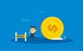 A businessman being chased by big coins. vector illustration