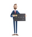 3d illustration. Businessman Billy with black credit card. Royalty Free Stock Photo