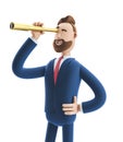 3d illustration. Businessman Billy looking in future with spyglass .