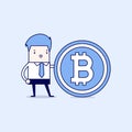 Businessman with a bitcoin. Cartoon character thin line style vector. Royalty Free Stock Photo