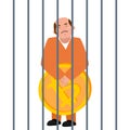 Businessman and bitcoin. Not a legal crime Cryptocurrency . Criminal in prison. Vector illustration