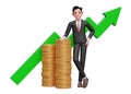 businessman in black formal suit leaning on pile of gold coins with growing statistics ornament on the back
