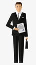 Businessman in black suit holds document and briefcase. vector character in flat style