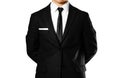 Businessman in a black suit, white shirt and tie. Studio shooting. Isolated on white background Royalty Free Stock Photo