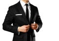 Businessman in a black suit, white shirt and tie. Studio shooting. Isolated on white background Royalty Free Stock Photo