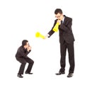 Businessman blame or encourage to worker with megaphone