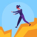 Businessman blindfolded walking abyss between mountains crisis risk concept man cartoon character flat
