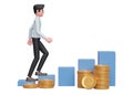 businessman in blue dress walking up the stock chart with ornaments several piles of gold coins