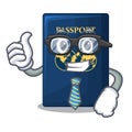Businessman blue passport above character wooden table
