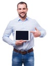 Businessman in blue shirt shows touch screen Royalty Free Stock Photo